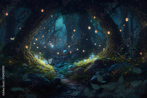 Fantasy forest at night, magic lights and fireflies in fairy backgroud