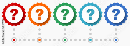 Question mark vector icon set, colorful infographic template, set of flat design badge icons in 5 color options