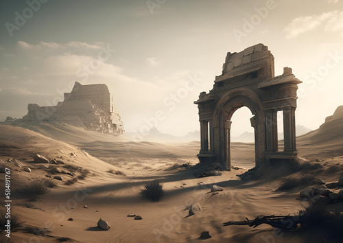desert landscape with ancient lost city ruins, background, generative ai