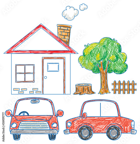 Children drawing simple house family