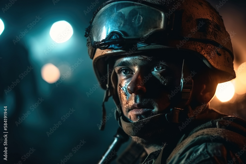 portrait of soldier in modern ammunition at war on battlefield at night. Generative AI portrait of soldier in modern ammunition at war on battlefield at night. Generative AI