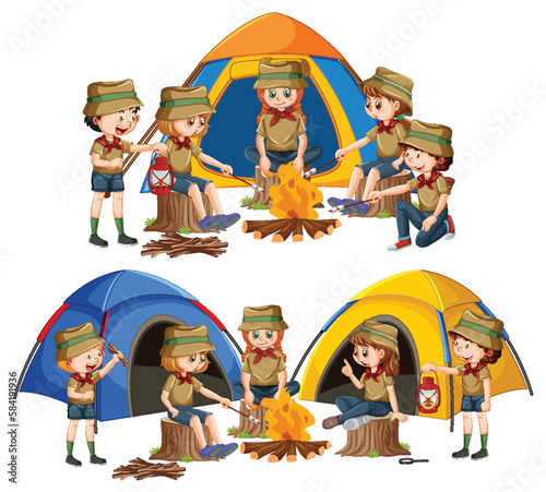 Set of Children Enjoying Camping