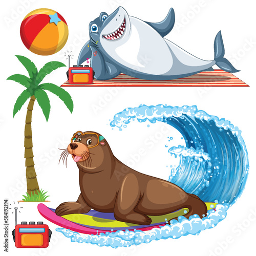 Set of sea creatures cartoon character in summer