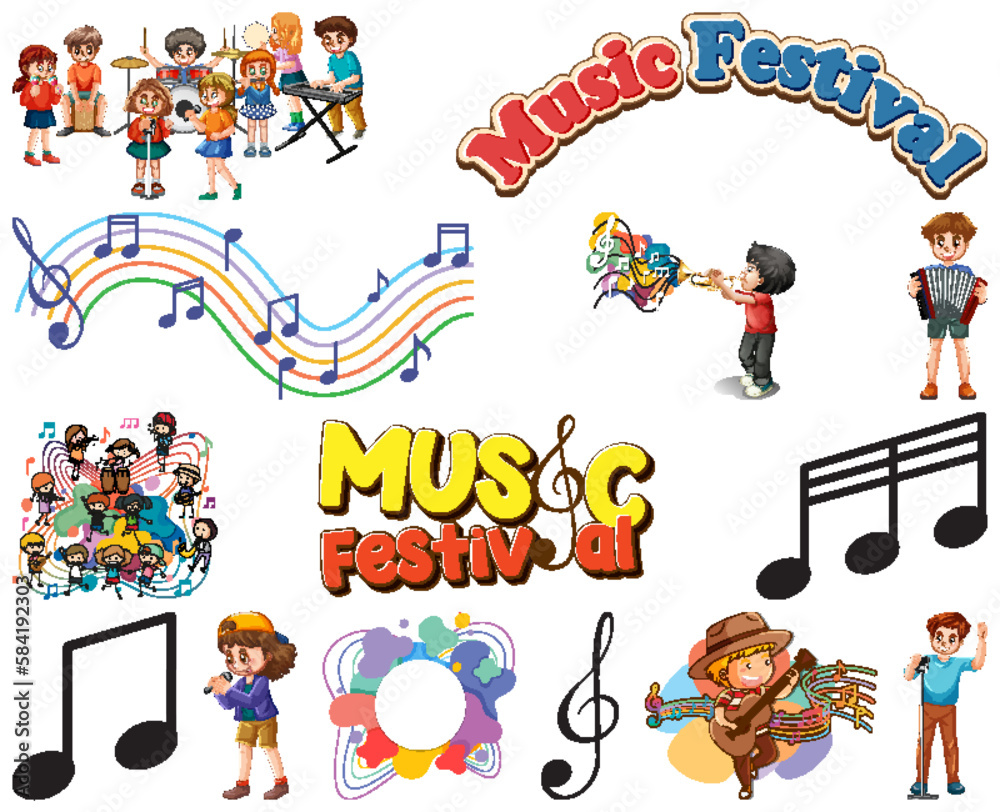 Kids musical instruments and music symbols set