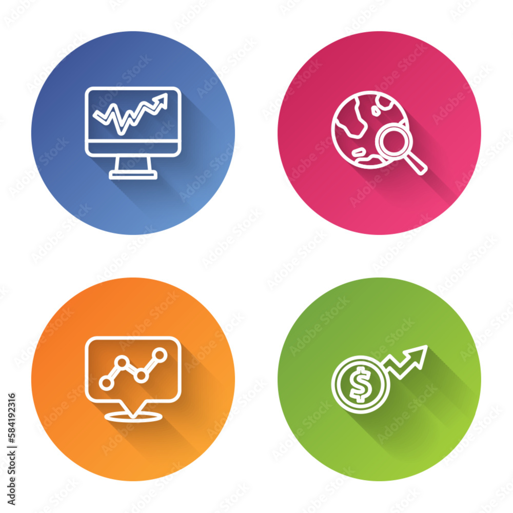 Set line Monitor with graph chart, Search globe, Graph infographic and Financial growth dollar. Color circle button. Vector