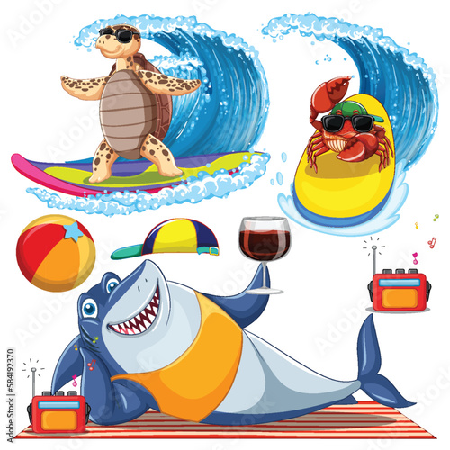 Set of sea creatures cartoon character in summer