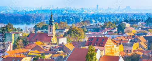 Belgrade, Serbia panoramic banner aerial city view of Zemun with church tower and river photo
