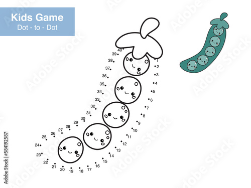 Number puzzle game. Dot to dot. Cute kawaii peas with funny faces. Healthy food. Cartoon vegetable. Educational worksheet. Printable activity page for kids. Connect the dots and color.