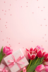 Mother's Day mood concept. Top view vertical photo of pink tulips present boxes with ribbon bows and scattered sprinkles on isolated pastel pink background with blank space