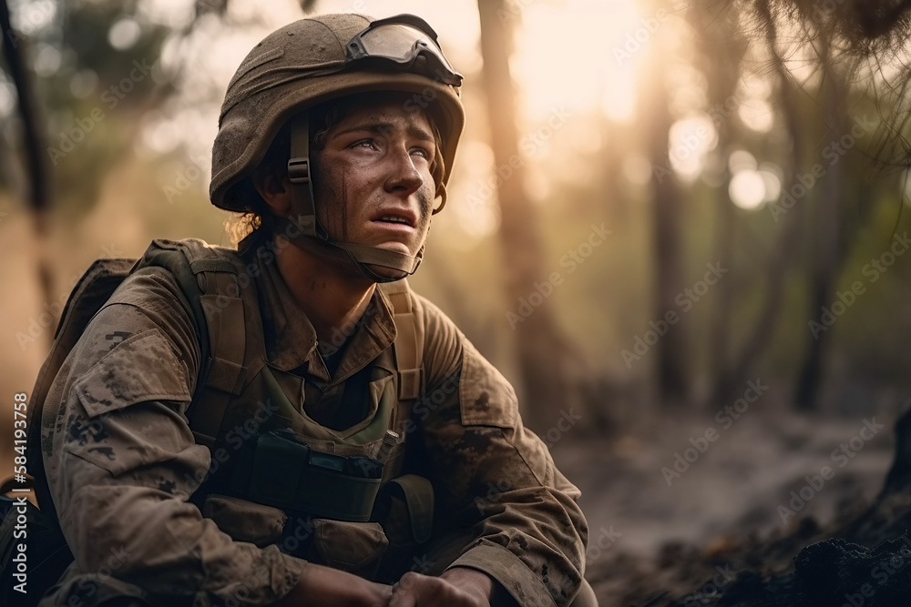 man crying with tears is a soldier at war on battlefield. Generative AI