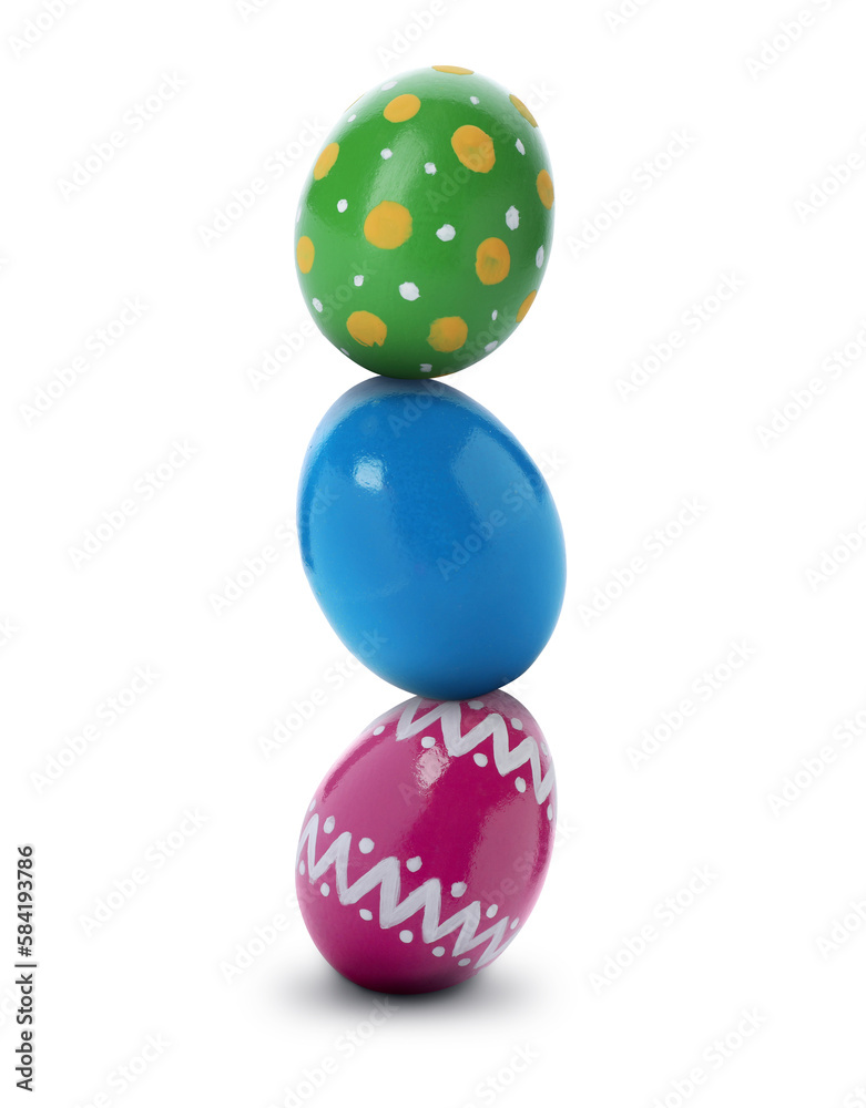 Stack of bright Easter eggs on white background