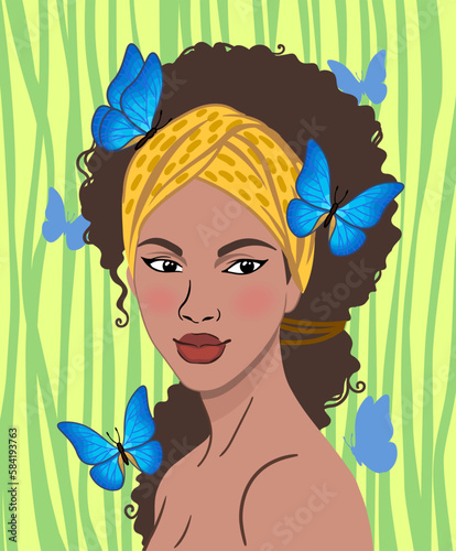 Young african girl with exotic butterflies. Vector portrait in flat cartoon style photo