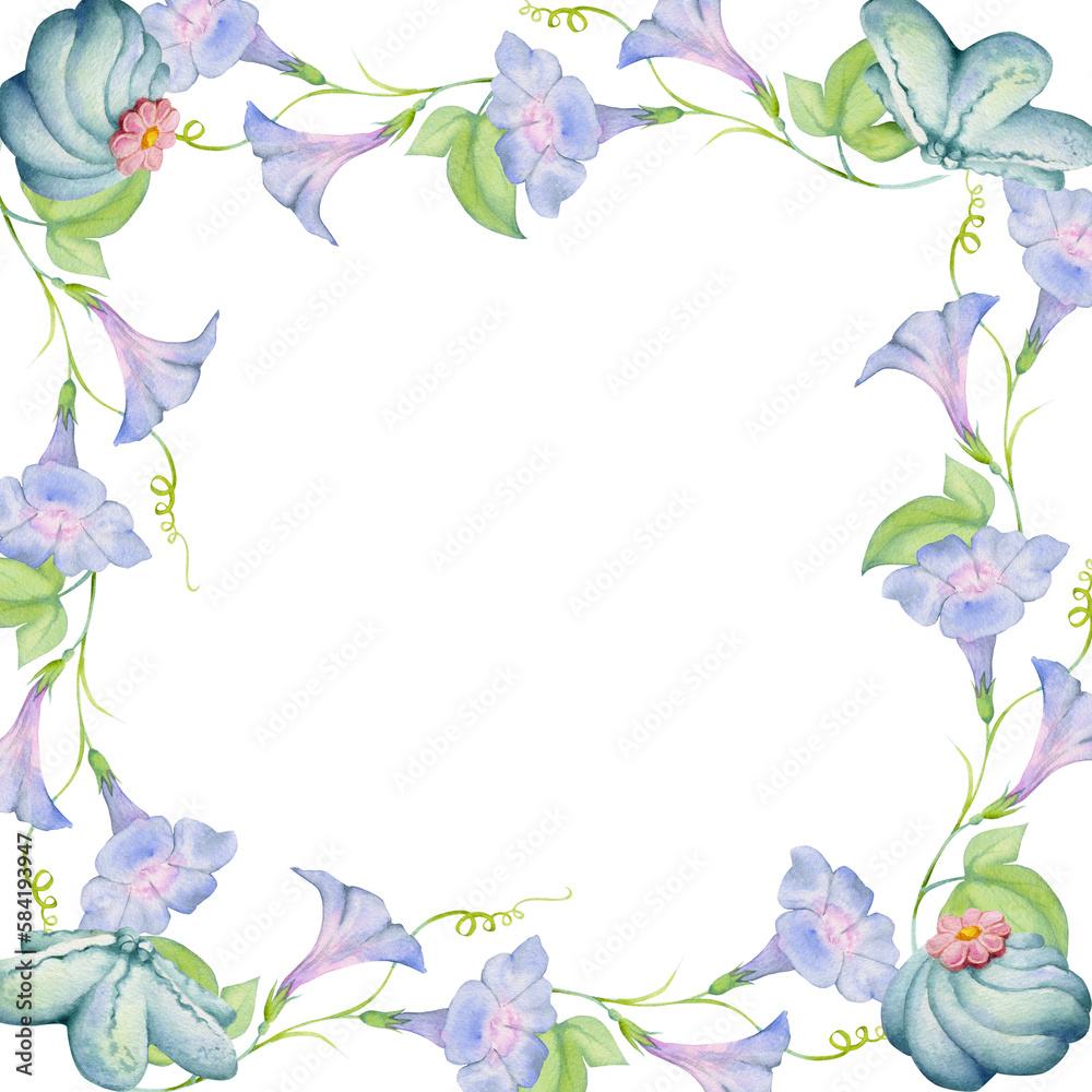 Watercolor hand drawn traditional Japanese sweets. Square frame of summer wagashi, morning glory. Isolated on white background. Design for invitations, restaurant menu, greeting cards, print, textile Watercolor hand drawn traditional Japanese sweets. Square frame of summer wagashi, morning glory. Isolated on white background. Design for invitations, restaurant menu, greeting cards, print, textile