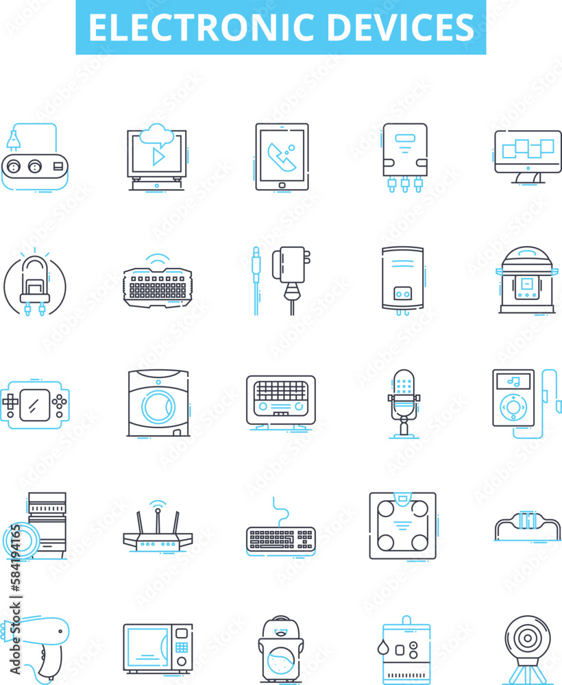 Electronic devices vector line icons set. Electronics, Devices, Digital, Components, Computers, Tablets, Phones illustration outline concept symbols and signs