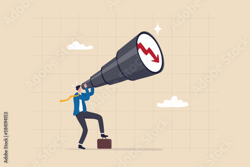 Fototapete Economic forecast downturn, vision to see recession, stock market crisis or financial failure, inflation going down concept, businessman look on telescope falling down red arrow graph in the future