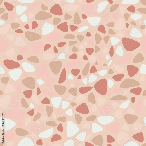 Texture terrazzo flooring. Pastel cream brown seamless pattern. Marble tile surface area. Stone colored mosaic Vector background. 