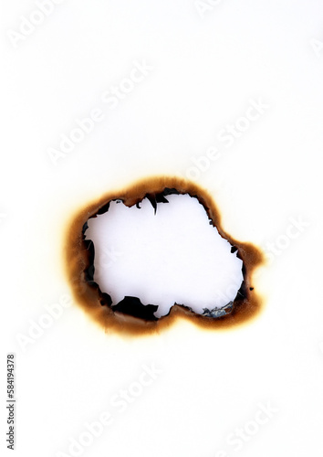 burned hole on a white paper background