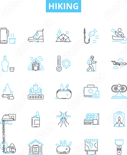 Hiking vector line icons set. Hiking, Trail, Walking, Trekking, Path, Natural, Climb illustration outline concept symbols and signs