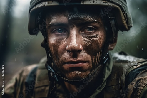 portrait of crying male soldier in tears on battlefield in war. Generative AI © alexkoral