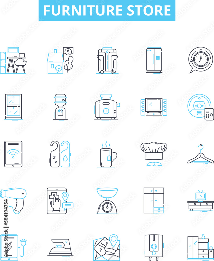 Furniture store vector line icons set. Furniture, Store, Sofa, Chair, Desk, Table, Cabinet illustration outline concept symbols and signs