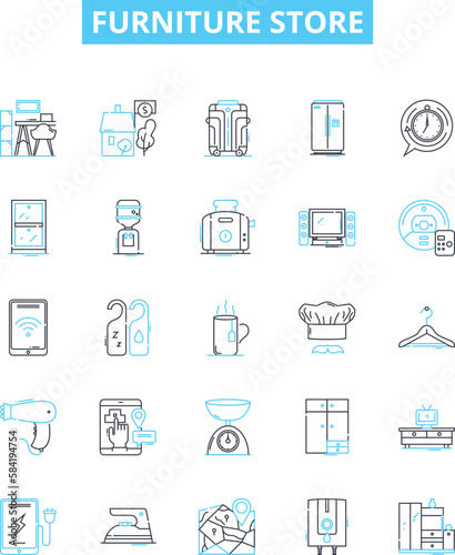 Furniture store vector line icons set. Furniture, Store, Sofa, Chair, Desk, Table, Cabinet illustration outline concept symbols and signs