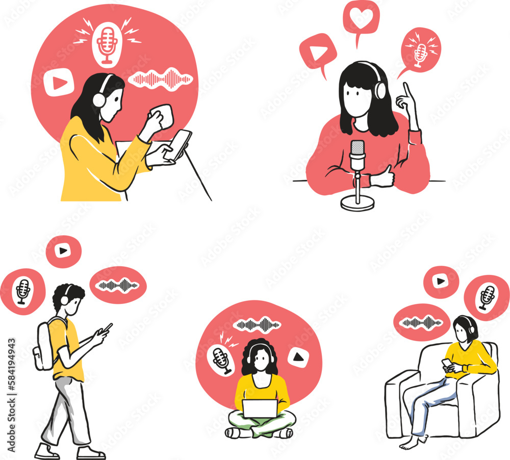 Hand-Drawn Podcaster Activity Vector Illustration Set Hand-Drawn Podcaster Activity Vector Illustration Set