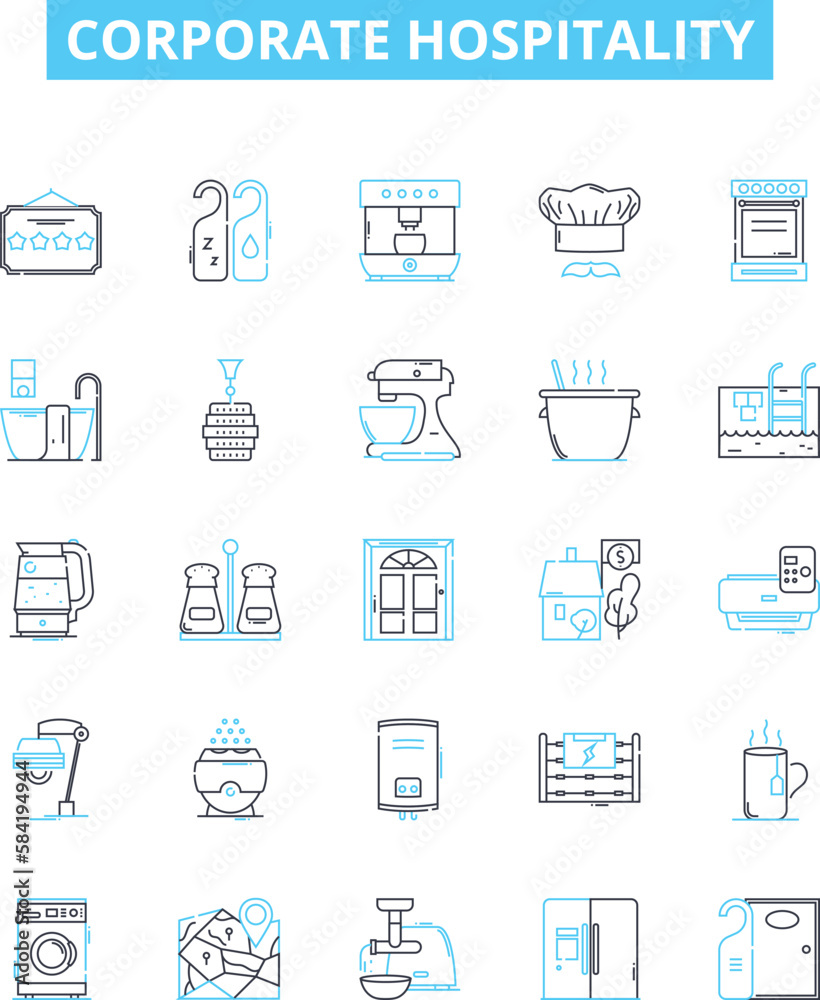 Corporate hospitality vector line icons set. Events, receptions, catering, hosting, networking, conference, business illustration outline concept symbols and signs Corporate hospitality vector line icons set. Events, receptions, catering, hosting, networking, conference, business illustration outline concept symbols and signs