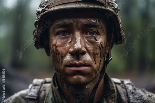 portrait of crying male soldier in tears on battlefield in war. Generative AI