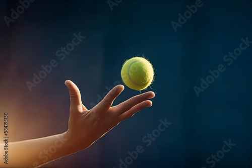 Throwing a tennis ball. Serving tennis ball. Tennis ball on blue background. Generative AI photo