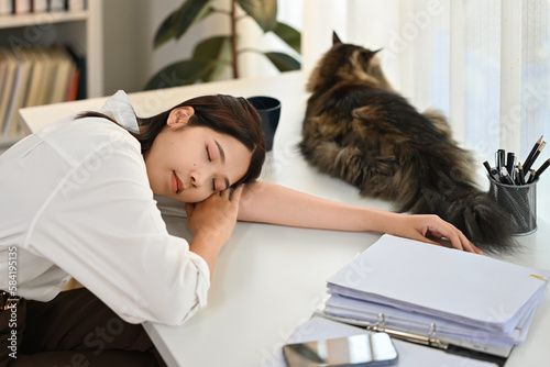 Tired young woman sleeping on working desk with document and cat at home office. Sleep deprivation and overworking concept