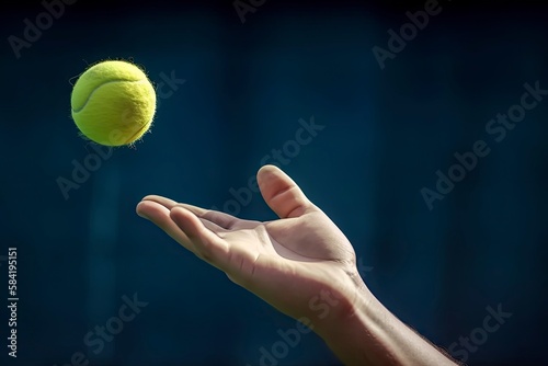 Throwing a tennis ball. Serving tennis ball. Tennis ball on blue background. Generative AI © Neda Asyasi