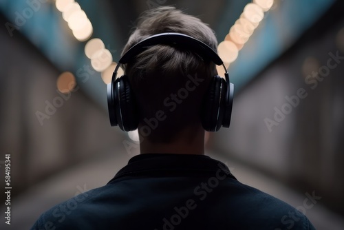 A young guy wearing big headphones, rear view. Generative AI