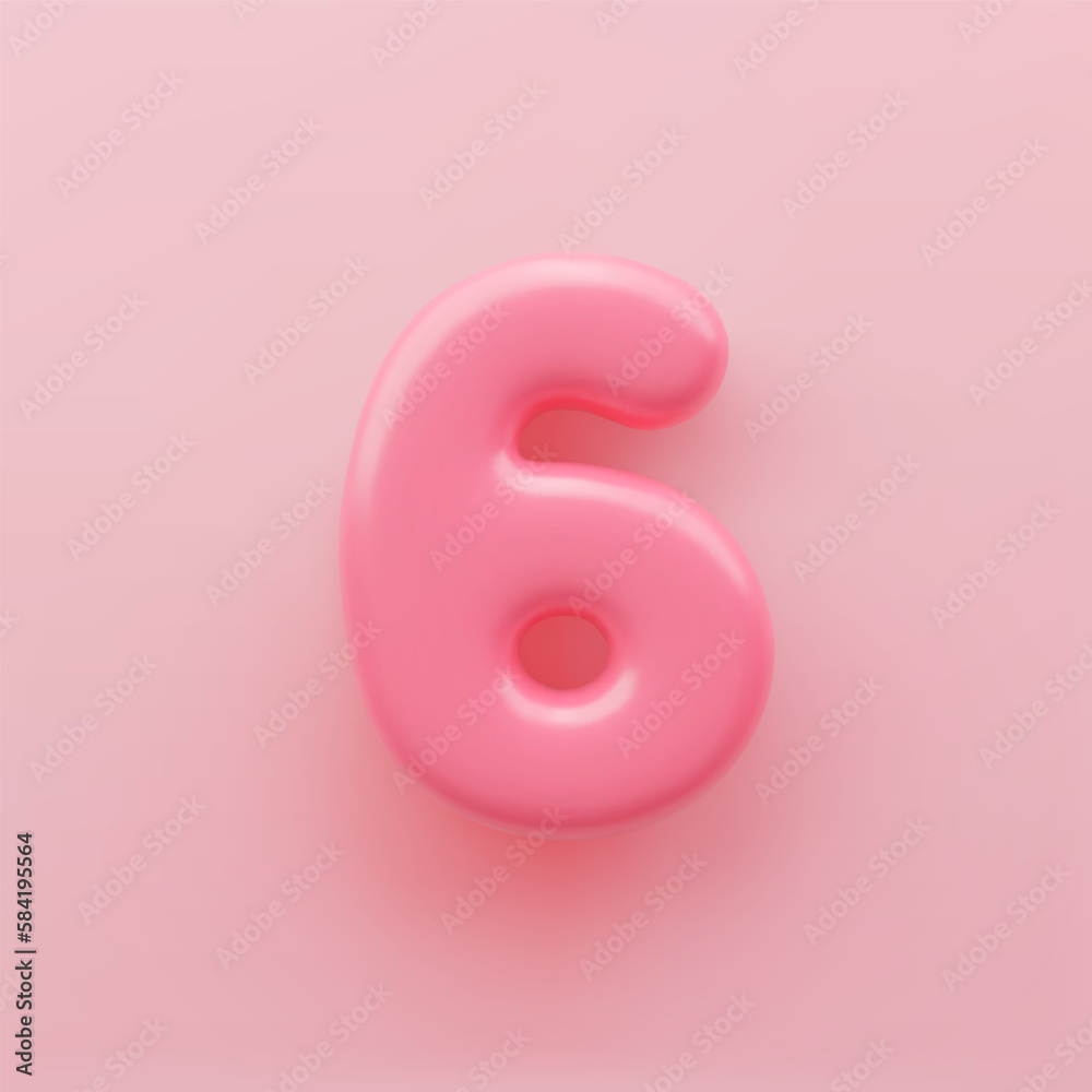 3D Pink number 6 with a glossy surface on a pink background. 3D Pink number 6 with a glossy surface on a pink background.