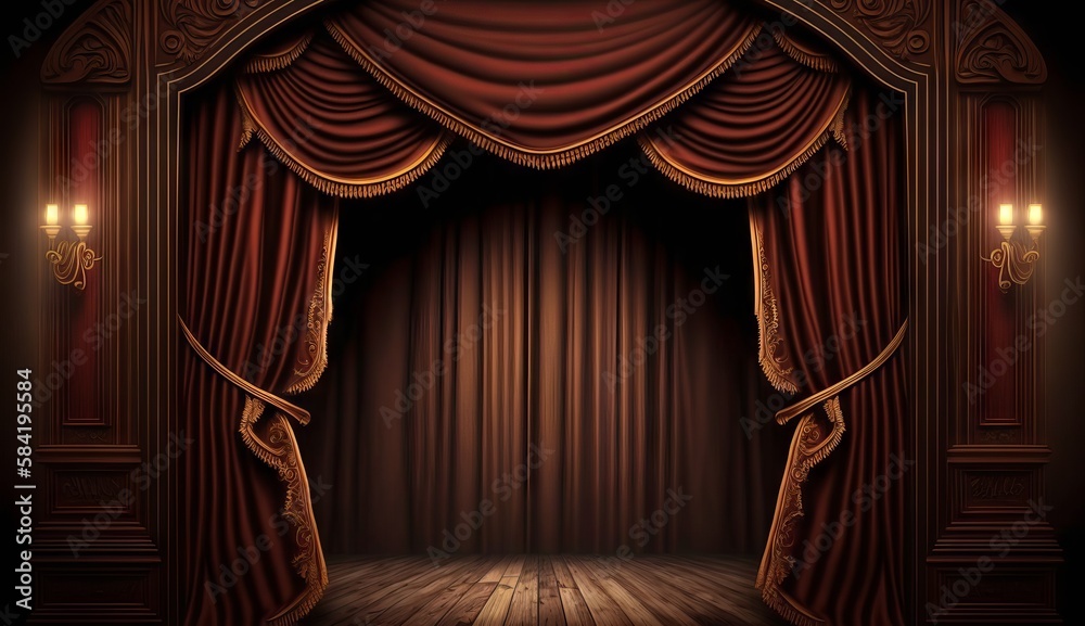 Fototapeta premium classic maroon curtains with light descended onto the center of the stage. Generative ai