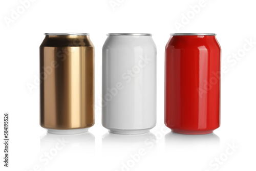 Aluminum cans with drinks on white background