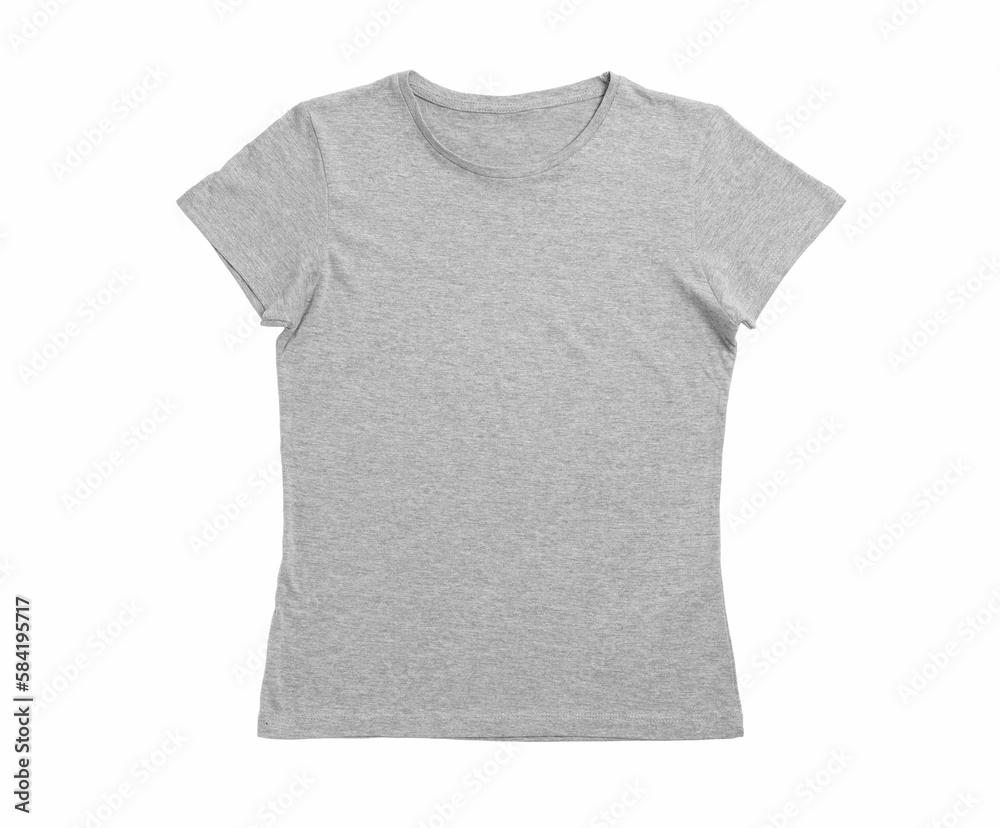 Stylish gray female T-shirt isolated on white, top view Stylish gray female T-shirt isolated on white, top view