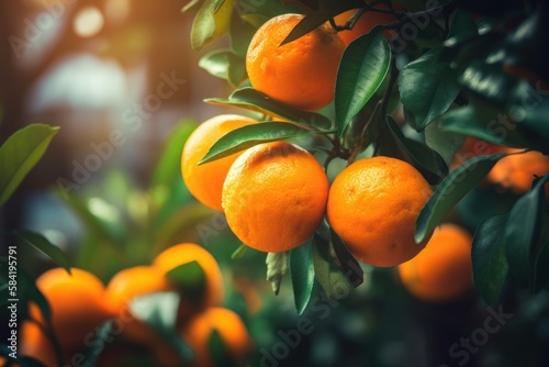 Bouquet of ripe tangerines on the tree