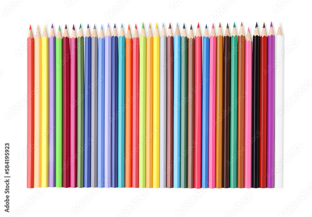 Many colorful wooden pencils on white background, top view Many colorful wooden pencils on white background, top view