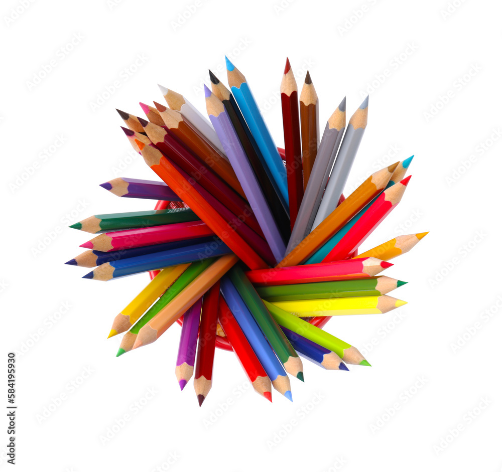 Many different colorful pencils in holder on white background, top view Many different colorful pencils in holder on white background, top view
