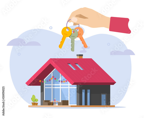 Keys in hand from home house vector, rent and rental real estate graphic illustration, sales man person realtor selling new property, apartment buy purchase flat cartoon image