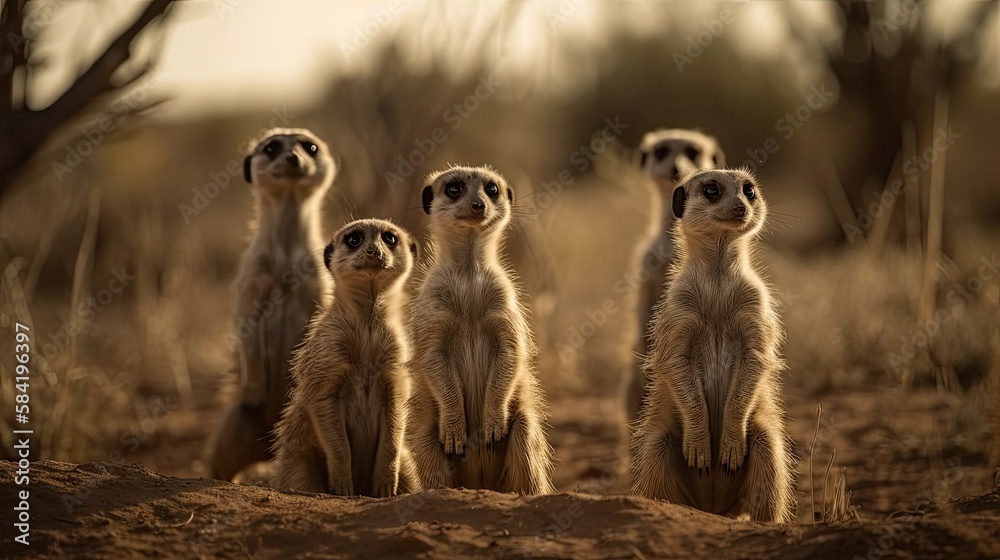 Family of Meerkats Standing on Alert, Cute Wildlife Photography, Generated by AI