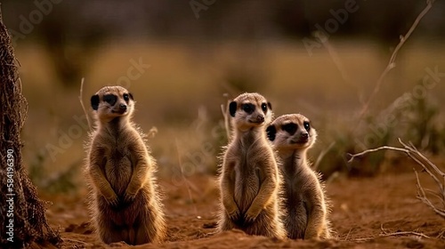 Family of Meerkats Standing on Alert, Cute Wildlife Photography, Generated by AI