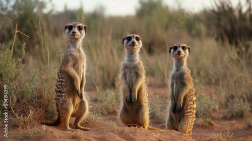 Family of Meerkats Standing on Alert, Cute Wildlife Photography, Generated by AI