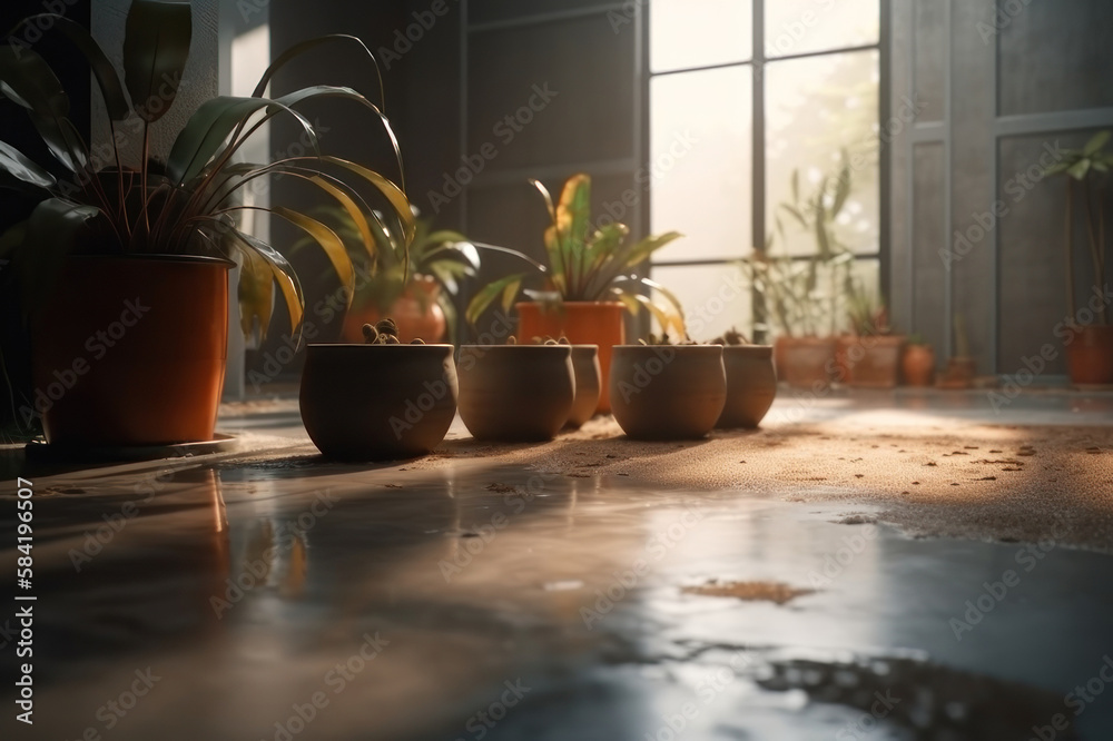 Background, concrete room with a window and potted plants. AI generative. Background, concrete room with a window and potted plants. AI generative.