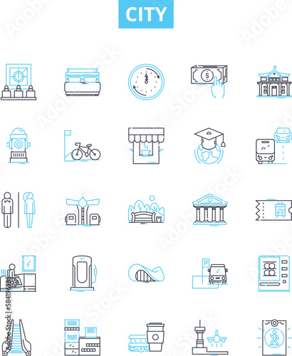 City vector line icons set. Town, Municipality, Metropolis, Urban, Borough, Hamlet, Village illustration outline concept symbols and signs