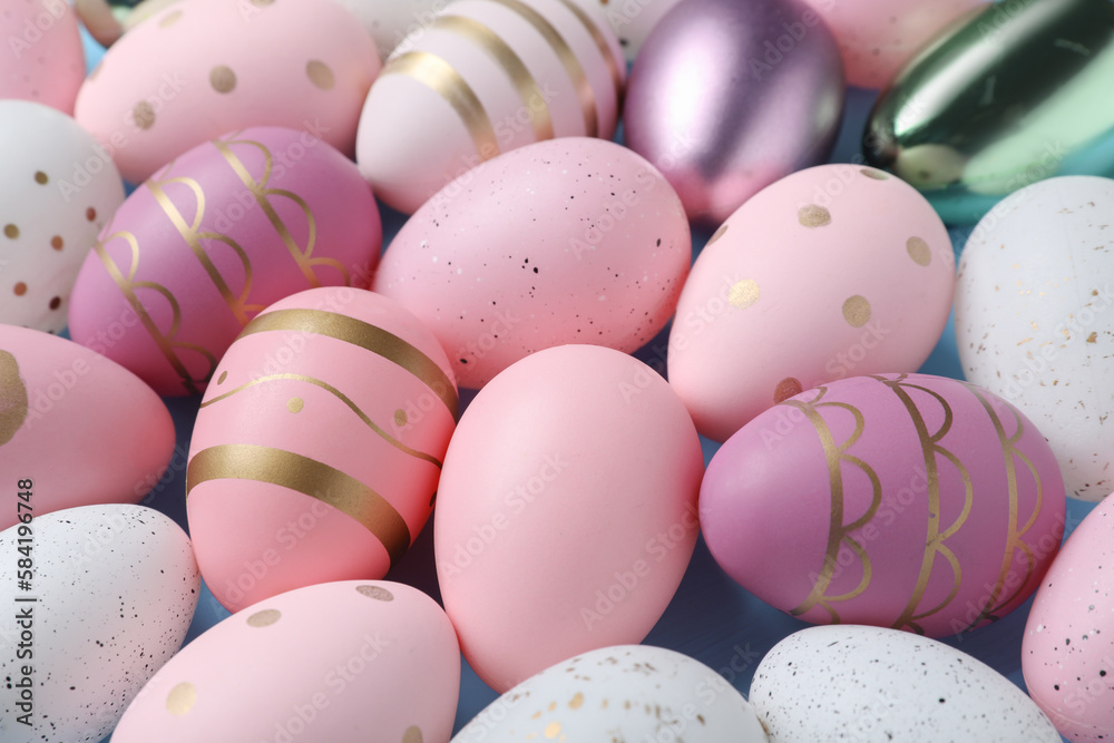 Many beautifully decorated Easter eggs as background, closeup