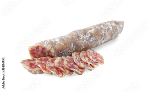 Delicious cut fuet sausage isolated on white
