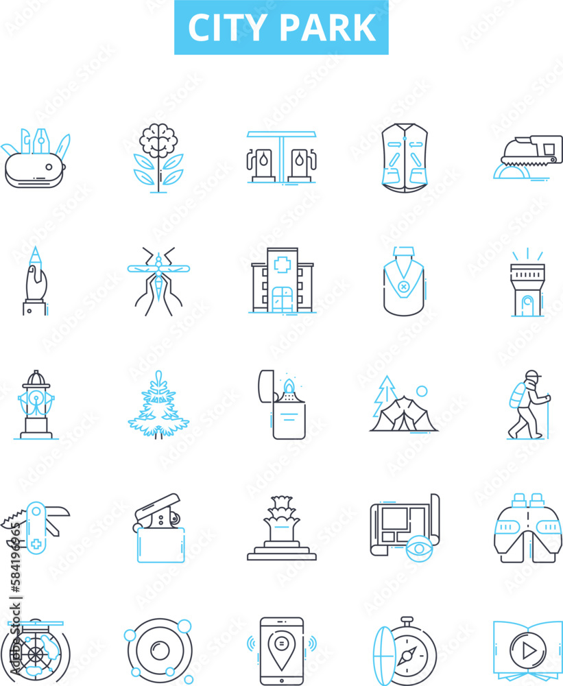 City park vector line icons set. Park, City, Green, Recreation, Outdoors, Bench, Grass illustration outline concept symbols and signs