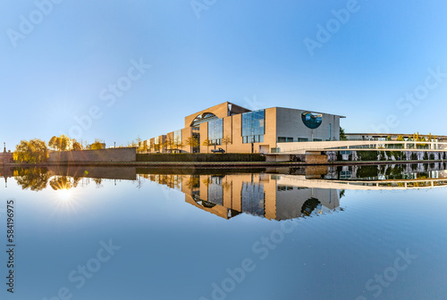 The german chancellery building at river Spree with reflection in early morning