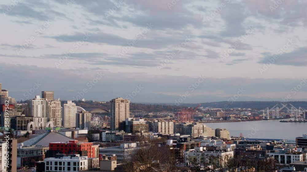 Wide Pan of Seattle Harbor and Skyline at Sunset Wide Pan of Seattle Harbor and Skyline at Sunset